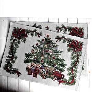 Set of 2 Tapestry Woven Christmas Placemats Tree Toys Teddy Bear Bows 19"x13"